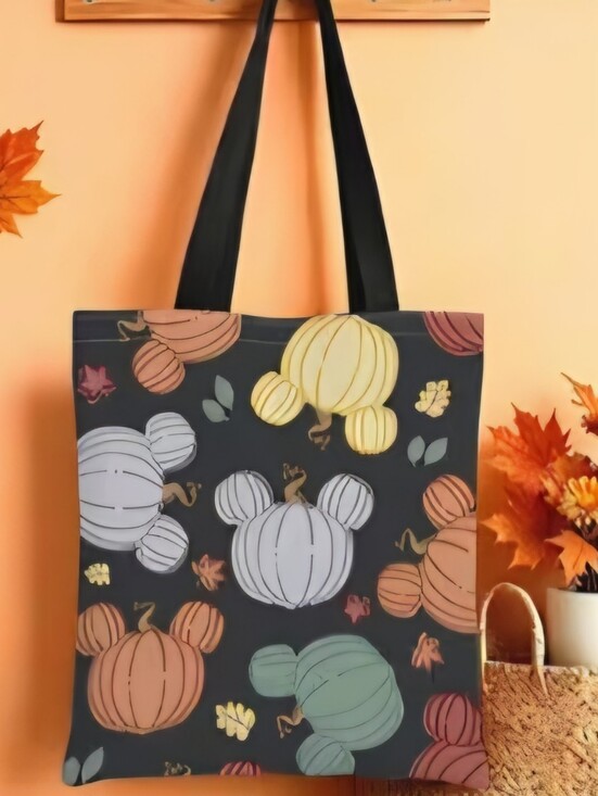 Handbags - Autumn Mickey Pumpkin Pattern Tote Bag - Black
